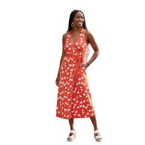 DVF Orange Floral Floral Print Jersey‎ Knit Wrap Midi Dress 1X Collar Preppy